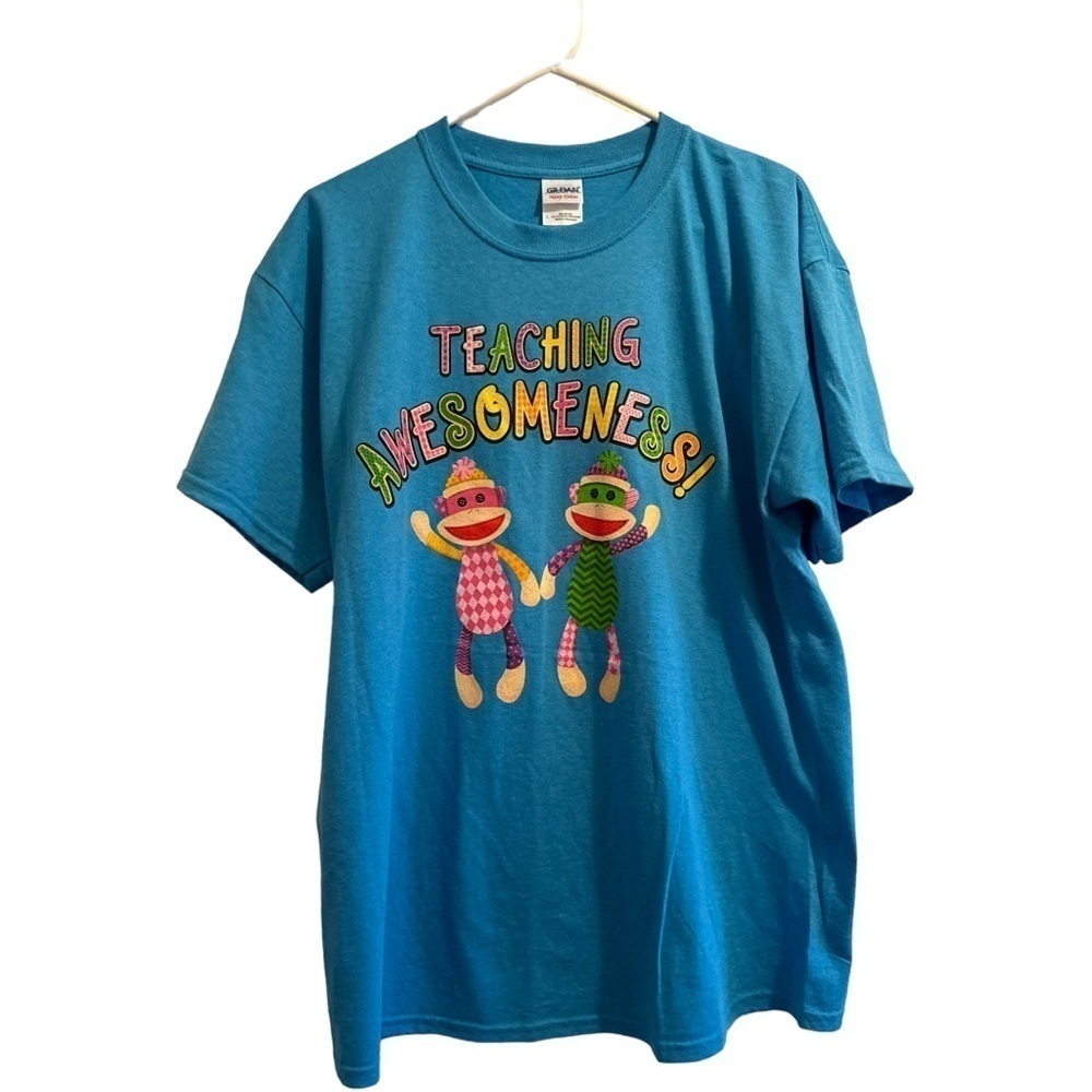 Teacher’s Tee Shirt L Aqua Blue With Monkeys “Teaching Awesomeness” NWOT